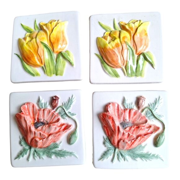 Rare 3D Porcelain Tiles Crafters Lot of 10 Flowers 4 x 4 Vintage 1980s - Picture 2 of 11